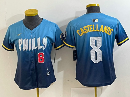 Women Philadelphia Phillies  #8 Nick Castellanos Blue 2024 City Connect Limited Stitched Jersey 2