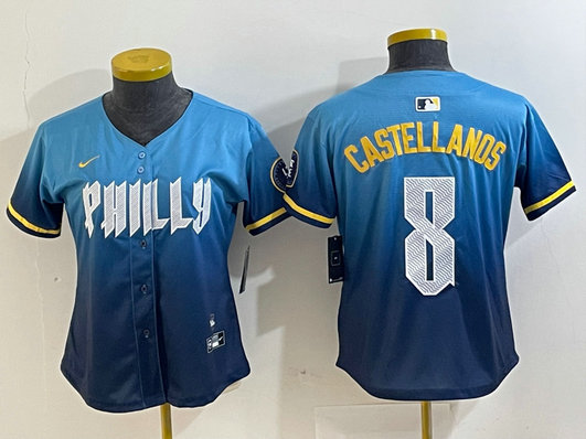 Women Philadelphia Phillies  #8 Nick Castellanos Blue 2024 City Connect Limited Stitched Jersey 3