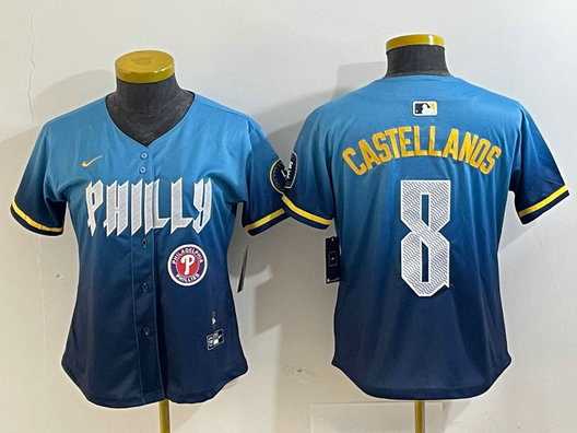 Women Philadelphia Phillies  #8 Nick Castellanos Blue 2024 City Connect Limited Stitched Jersey