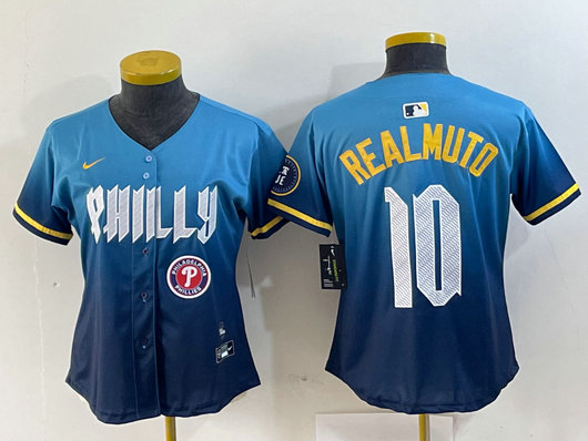 Women Philadelphia Phillies #10 J.T. Realmuto Blue 2024 City Connect Limited Stitched Baseball Jersey 2
