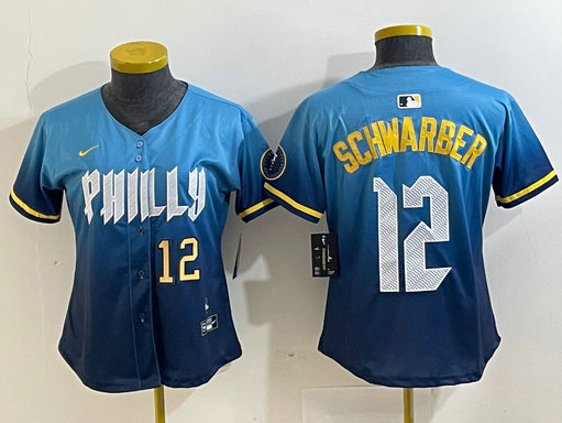 Women Philadelphia Phillies #12 Kyle Schwarber Blue 2024 City Connect Limited Stitched Jersey