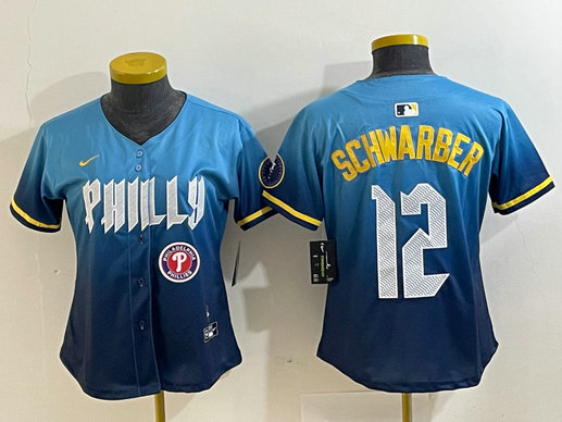 Women Philadelphia Phillies #12 Kyle Schwarber Blue 2024 City Connect Limited Stitched Jersey 7