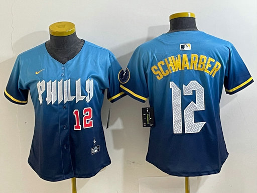 Women Philadelphia Phillies #12 Kyle Schwarber Blue 2024 City Connect Limited Stitched Jersey 8