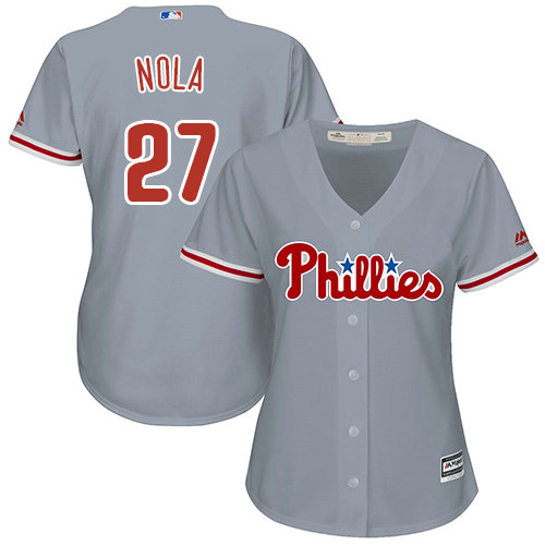 Women Philadelphia Phillies #27 Aaron Nola Replica Grey Road MLB Jersey