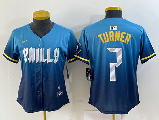 Women Philadelphia Phillies #7 Trea Turner Blue 2024 City Connect Limited Stitched Jersey 1