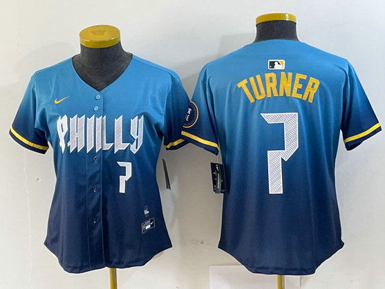 Women Philadelphia Phillies #7 Trea Turner Blue 2024 City Connect Limited Stitched Jersey 2