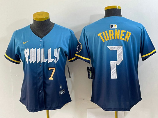 Women Philadelphia Phillies #7 Trea Turner Blue 2024 City Connect Limited Stitched Jersey 3