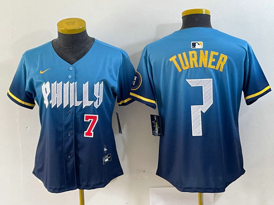 Women Philadelphia Phillies #7 Trea Turner Blue 2024 City Connect Limited Stitched Jersey 4