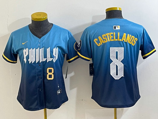 Women Philadelphia Phillies #8 Nick Castellanos Blue 2024 City Connect Limited Stitched Jersey 2