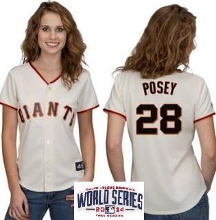 Women San Francisco Giants 28 Buster Posey Cream MLB Jerseys W 2014 World Series Patch