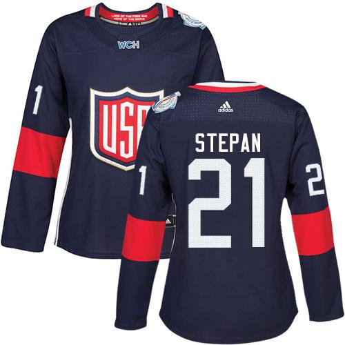 Women Team USA 21 Derek Stepan Navy Blue 2016 World Cup NHL Jersey