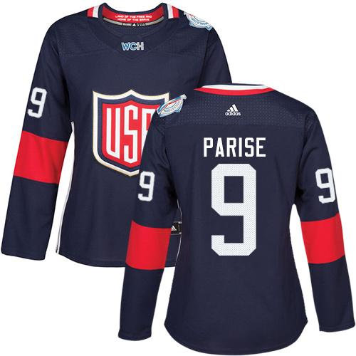 Women Team USA 9 Zach Parise Navy Blue 2016 World Cup NHL Jersey