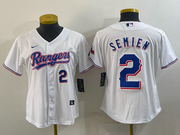 Women Texas Rangers #2 Marcus Semien White Gold Cool Base Stitched Baseball Jersey