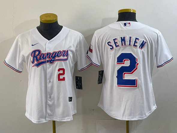 Women Texas Rangers #2 Marcus Semien White Gold Cool Base Stitched Baseball Jersey 3
