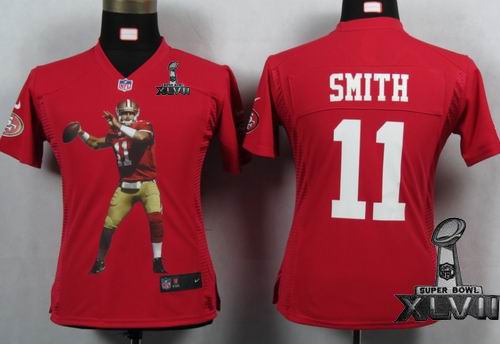 Women printed Nike San Francisco 49ers #11 Alex Smith red Portrait Fashion Game 2013 Super Bowl XLVII Jersey