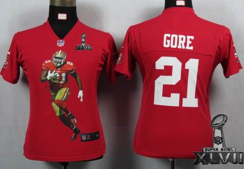 Women printed Nike San Francisco 49ers #21 Frank Gore red Portrait Fashion Game 2013 Super Bowl XLVII Jersey