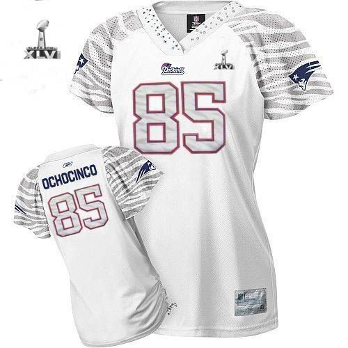 Womens New England Patriots #85 Chad Ochocinco Zebra Field Flirt 2012 Super Bowl XLVI NFL Jersey White