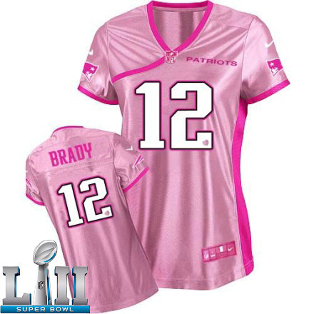 Womens Nike New England Patriots Super Bowl LII 12 Tom Brady Game Pink Womens Be Luvd NFL Jersey