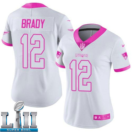 Womens Nike New England Patriots Super Bowl LII 12 Tom Brady Limited Rush Fashion Pink NFL Jersey