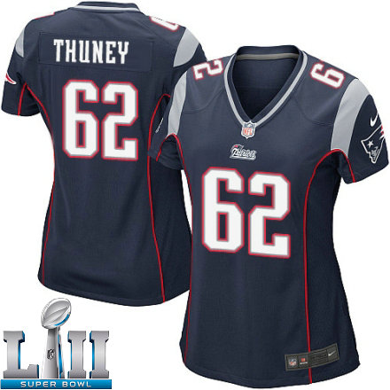 Womens Nike New England Patriots Super Bowl LII 62 Joe Thuney Game Navy Blue Team Color NFL Jersey