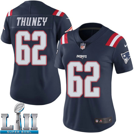 Womens Nike New England Patriots Super Bowl LII 62 Joe Thuney Limited Navy Blue Rush NFL Jersey