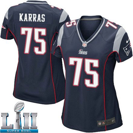 Womens Nike New England Patriots Super Bowl LII 75 Ted Karras Game Navy Blue Team Color NFL Jersey