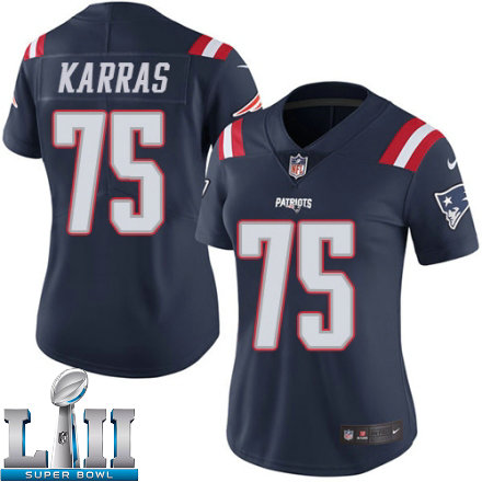 Womens Nike New England Patriots Super Bowl LII 75 Ted Karras Limited Navy Blue Rush NFL Jersey