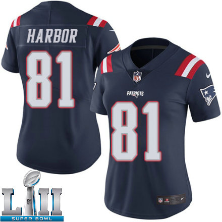 Womens Nike New England Patriots Super Bowl LII 81 Clay Harbor Limited Navy Blue Rush NFL Jersey