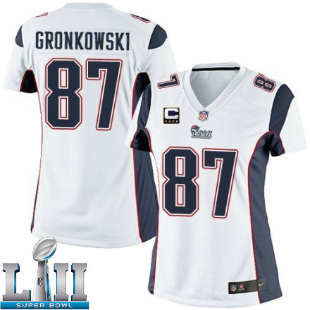 Womens Nike New England Patriots Super Bowl LII 87 Rob Gronkowski Elite White C Patch NFL Jersey