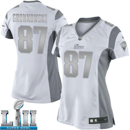 Womens Nike New England Patriots Super Bowl LII 87 Rob Gronkowski Elite White Platinum NFL Jersey