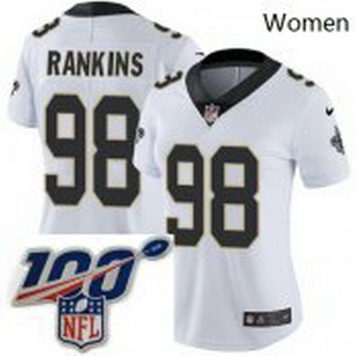 Womens Nike New Orleans Saints 98 Sheldon Rankins White Vapor Untouchable Limited Stitched 100th anniversary Neck Patch NFL Jersey