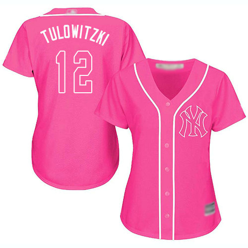 Yankees #12 Troy Tulowitzki Pink Fashion Women's Stitched Baseball Jersey