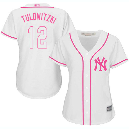 Yankees #12 Troy Tulowitzki White Pink Fashion Women's Stitched Baseball Jersey