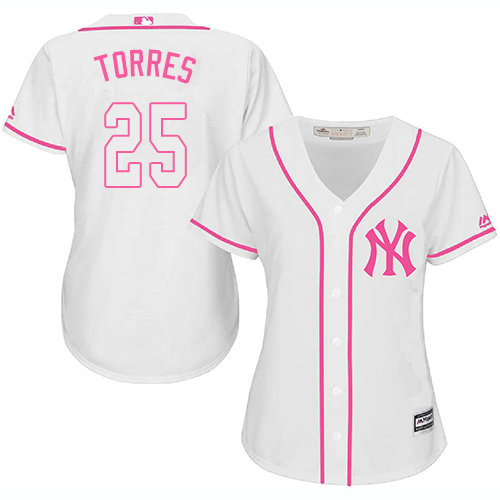 Yankees #25 Gleyber Torres White Pink Fashion Women's Stitched Baseball Jersey