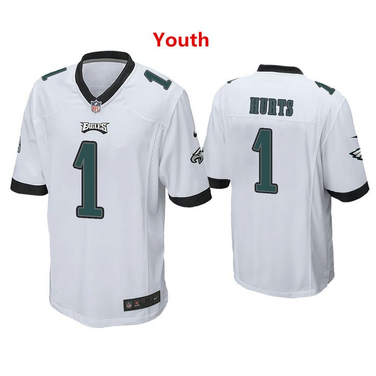 Youth #1 Jalen Hurts Eagles Jersey White Jersey