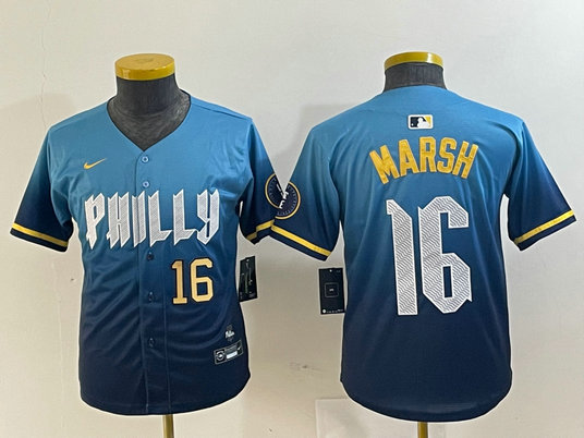 Youth  Philadelphia Phillies #16 Brandon Marsh Blue 2024 City Connect Limited Stitched Jersey 4
