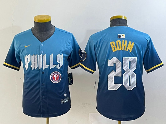 Youth  Philadelphia Phillies #28 Alec Bohm Blue 2024 City Connect Limited Stitched Baseball Jersey 1