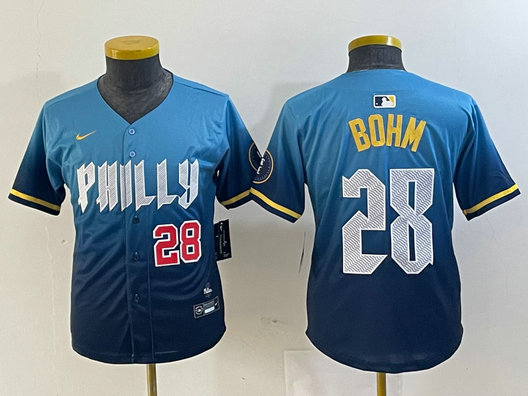 Youth  Philadelphia Phillies #28 Alec Bohm Blue 2024 City Connect Limited Stitched Baseball Jersey 4