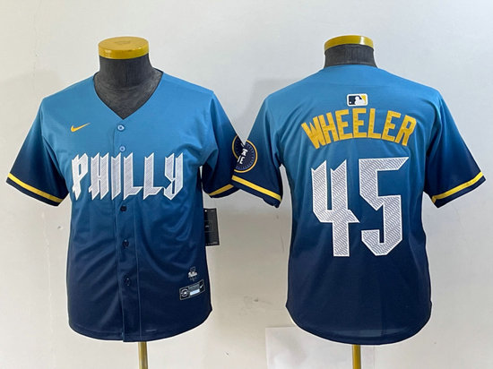 Youth  Philadelphia Phillies #45 Zack Wheeler Blue 2024 City Connect Limited Stitched Baseball Jersey 6