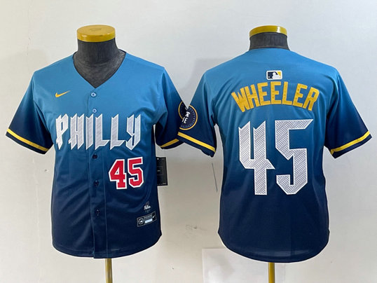 Youth  Philadelphia Phillies #45 Zack Wheeler Blue 2024 City Connect Limited Stitched Baseball Jersey