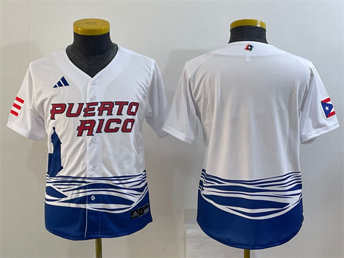 Youth  Puerto Rico Baseball Blank 2023 White World Baseball Classic Replica Stitched Jersey
