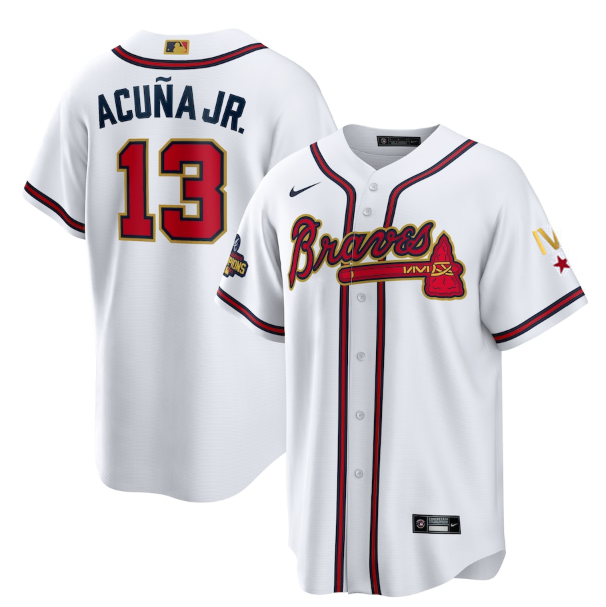 Youth Atlanta Braves #13 Ronald Acuna Jr 2022 White Gold World Series Champions Program Cool Base Stitched Jersey