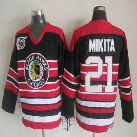 Youth Blackhawks #21 Stan Mikita Red Black 75TH CCM Stitched NHL Jersey