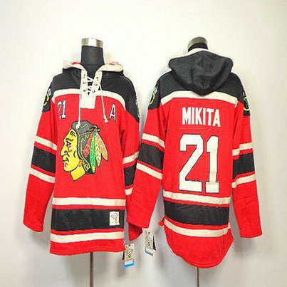Youth Blackhawks #21 Stan Mikita Red Sawyer Hooded Sweatshirt Stitched NHL Jersey