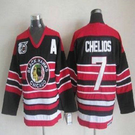 Youth Blackhawks #7 Chris Chelios Red Black 75TH CCM Stitched NHL Jersey