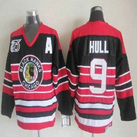 Youth Blackhawks #9 Bobby Hull Red Black 75TH CCM Stitched NHL Jersey