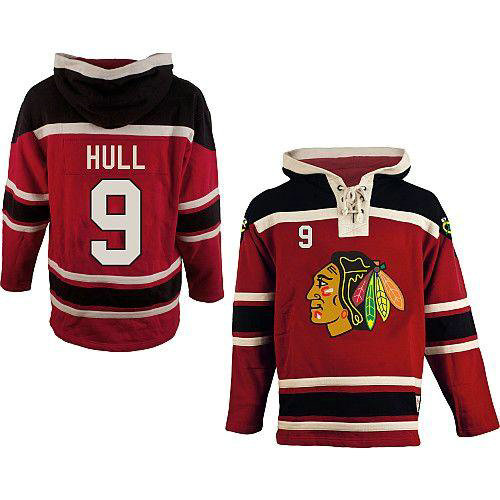Youth Blackhawks #9 Bobby Hull Red Sawyer Hooded Sweatshirt Stitched NHL Jersey