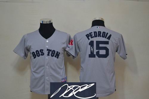 Youth Boston Red Sox 15# Dustin Pedroia grey signature jerseys