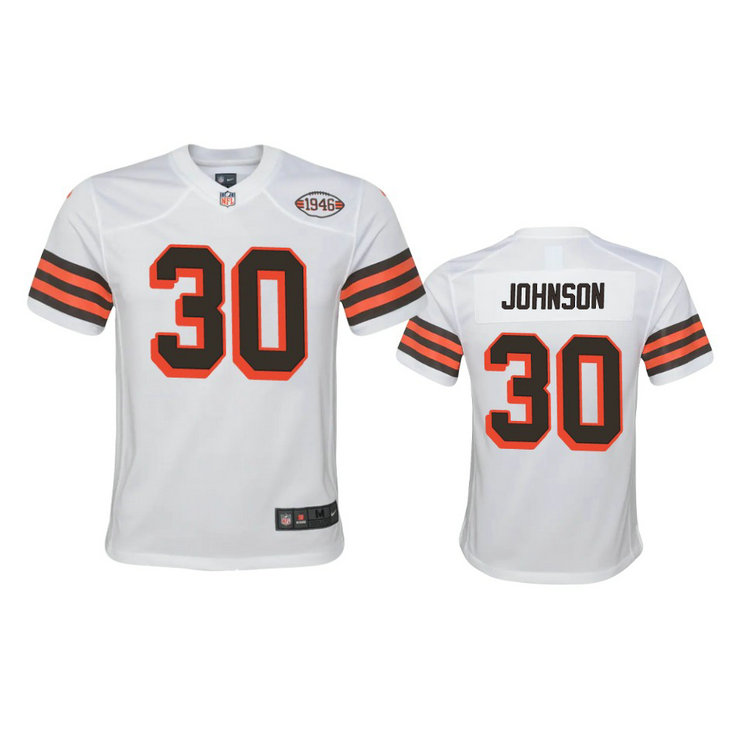 Youth Browns #30 D'Ernest Johnson Nike 1946 Collection Alternate Game Limited NFL Jersey - White