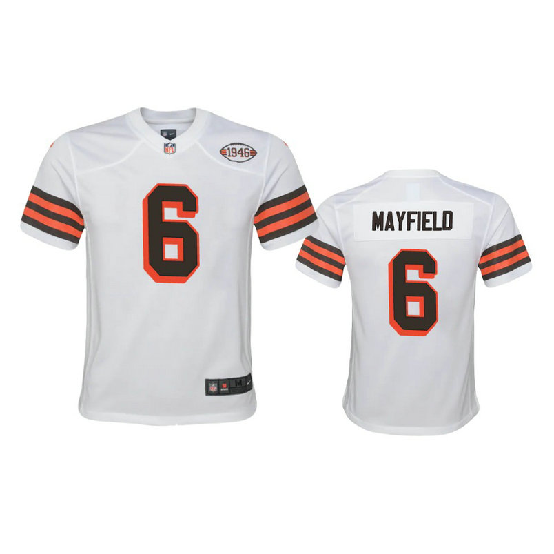 Youth Browns #6 Baker Mayfield Nike 1946 Collection Alternate Game Limited NFL Jersey - White